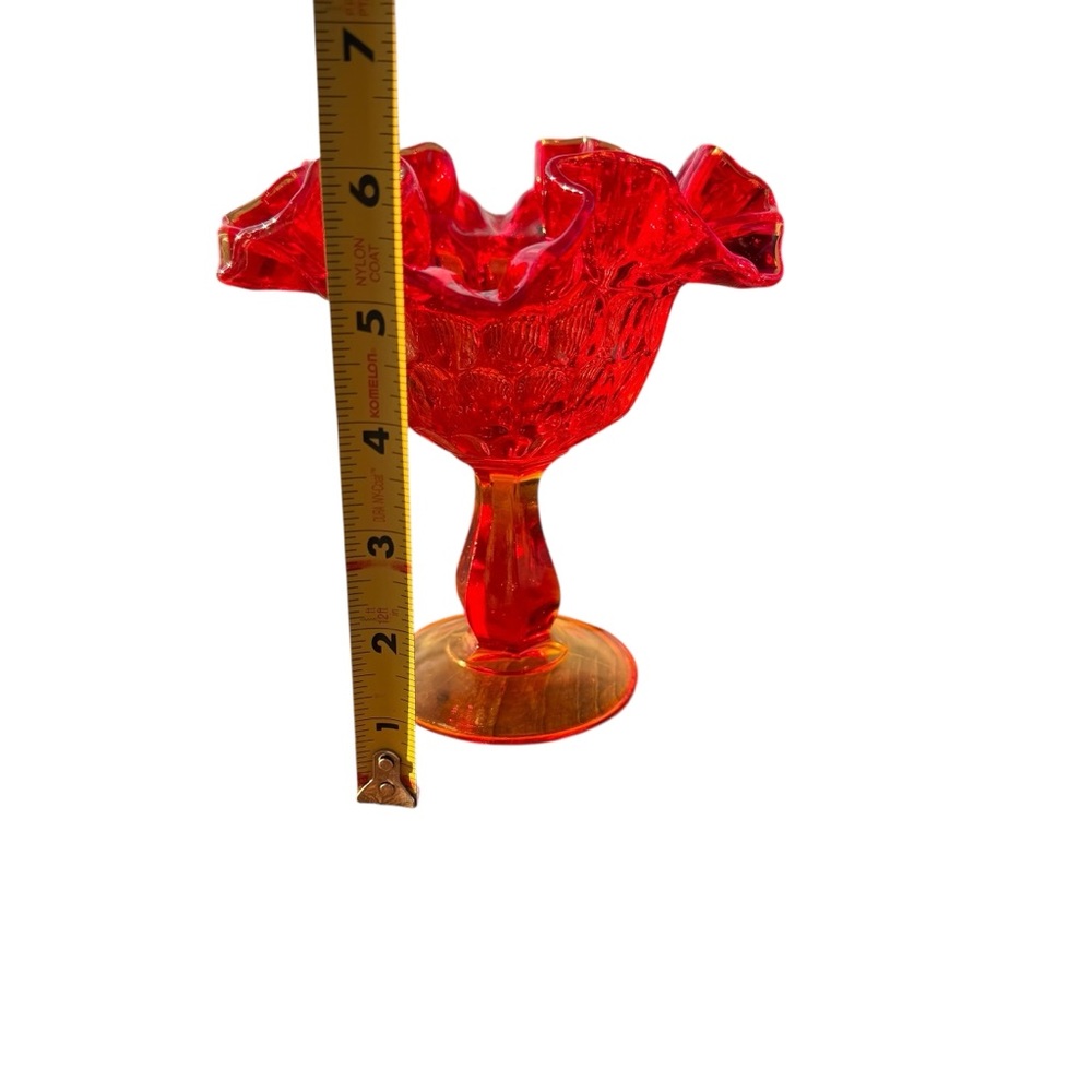 VINTAGE RED CARNIVAL GLASS COMPOTE WITH RUFFLED EDGE - Picture 9 of 12